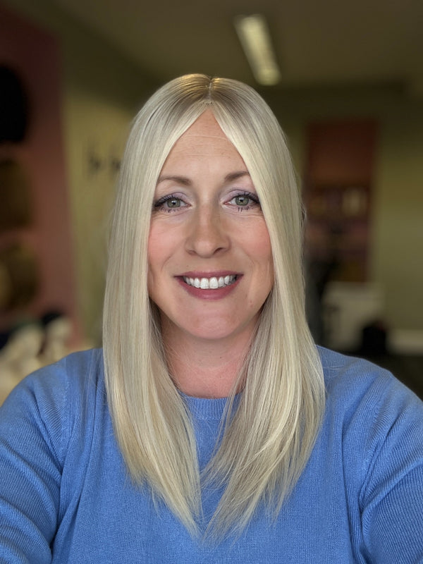 Her Hair My Head | VICTORIA lighter root with moneypiece | Super Flat topper | 9x9" base | Silk top | 18" length